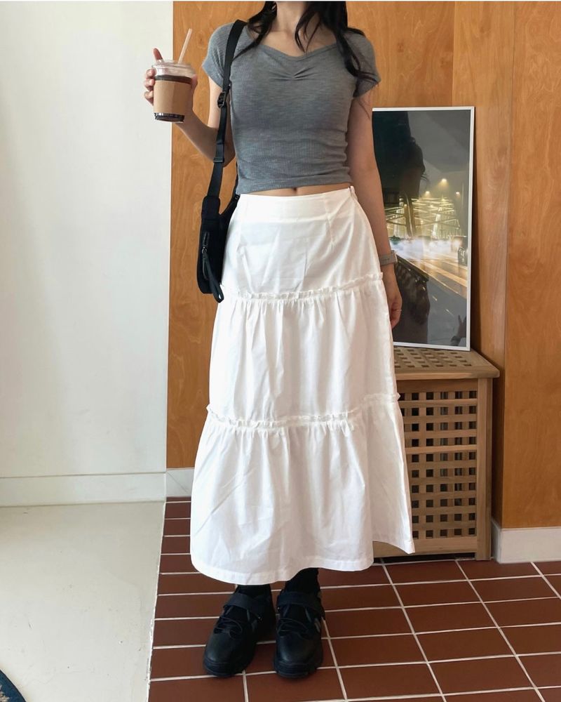 Pudie A-line Cotton Shirring Long Skirt 3C