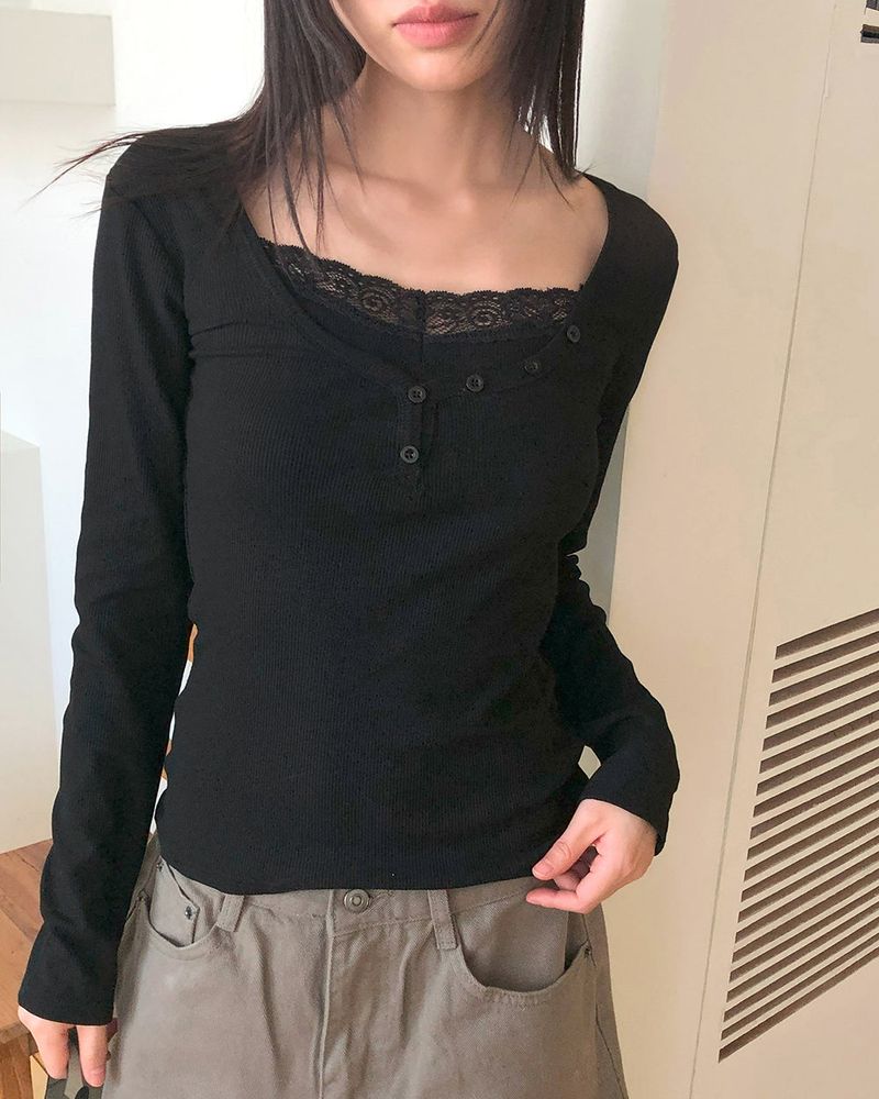 [MADE] Neube Lace Point Button Ribbed Long Sleeve Top 