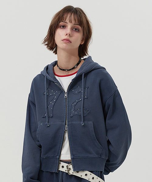 KIRSH（キルシー）の「VINTAGE WASHING STUD POINT CROP HOODIE ZIP UP [NAVY]（Tops）」