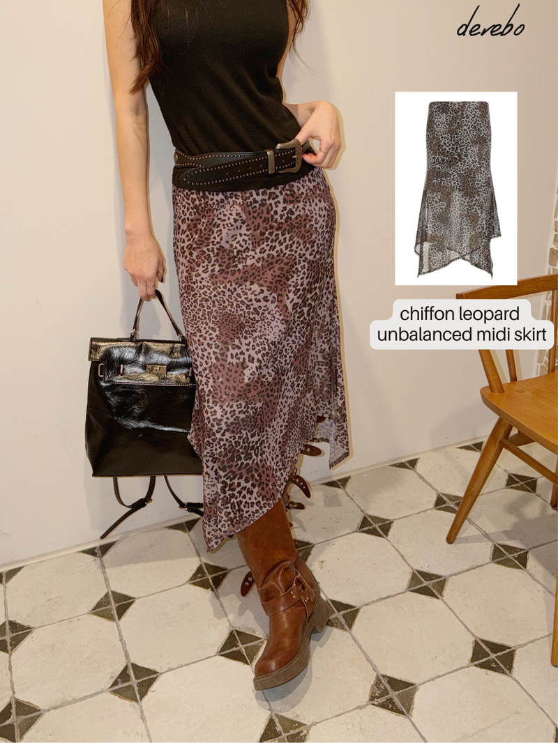 dereborujo（ドレボルゾー）の「chiffon leopard unbalanced midi skirt（Skirts）」