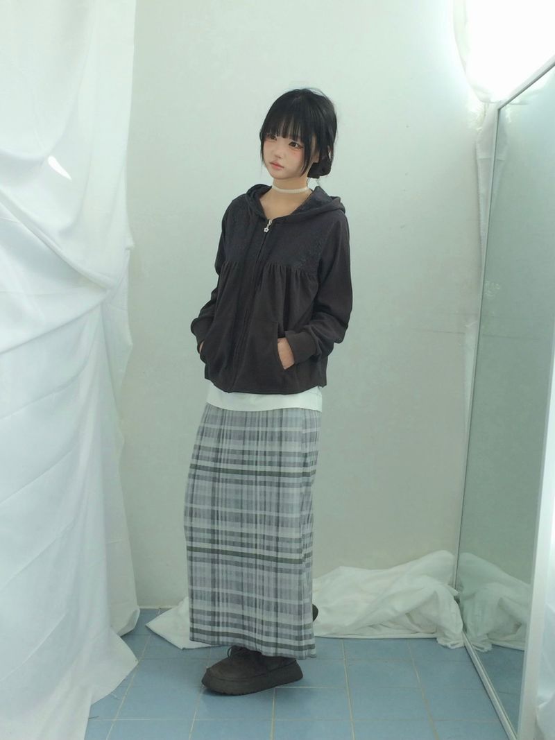 Flower Lace Half-Shirring Hooded Zip-Up
