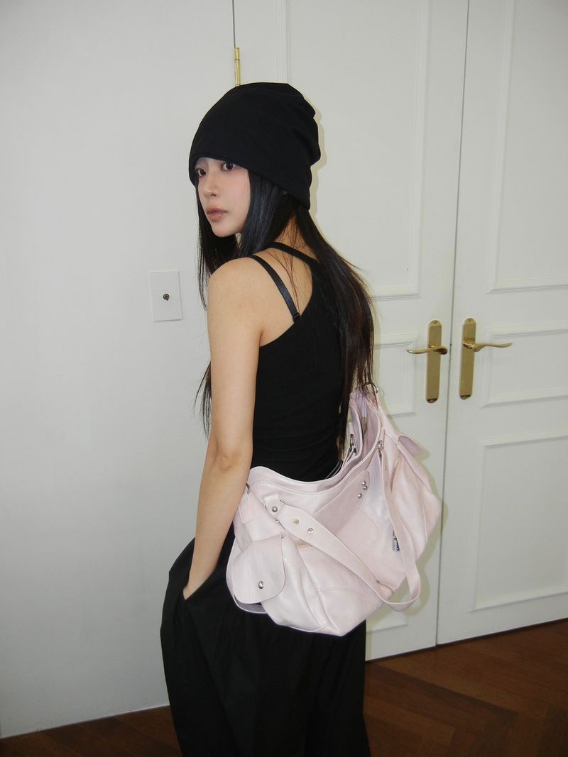 Vintage Wide Multi-Pocket Leather Shoulder Bag