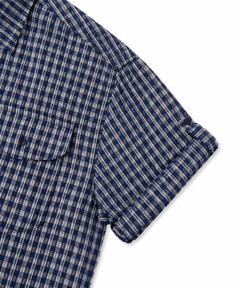 Sheer Kerr Roll-Up Checkered Cropped Short Sleeve Shirt - Navy