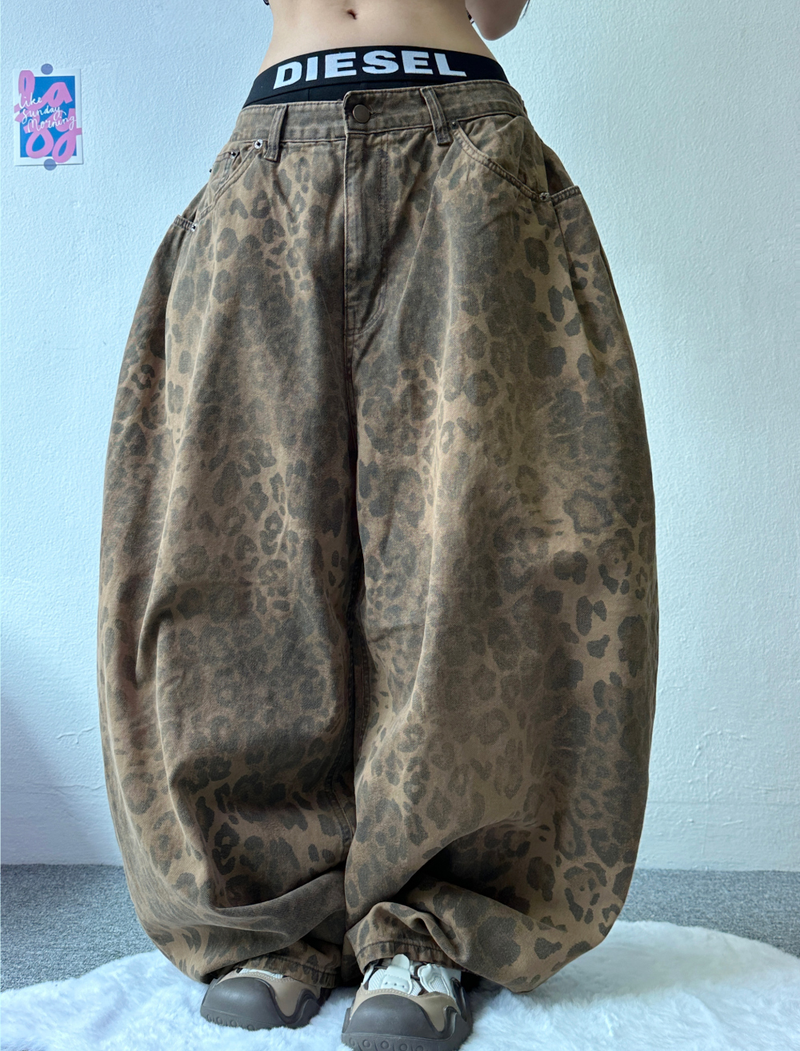 HIDDEN POCKET LEOPARD SPOT BALLOON DENIM🤎💚 - 2 COLORS
