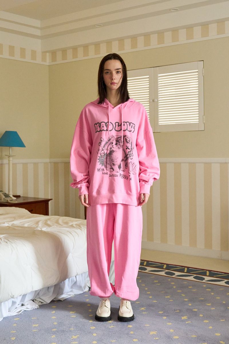 MEOW PRINTING HOOD T PINK