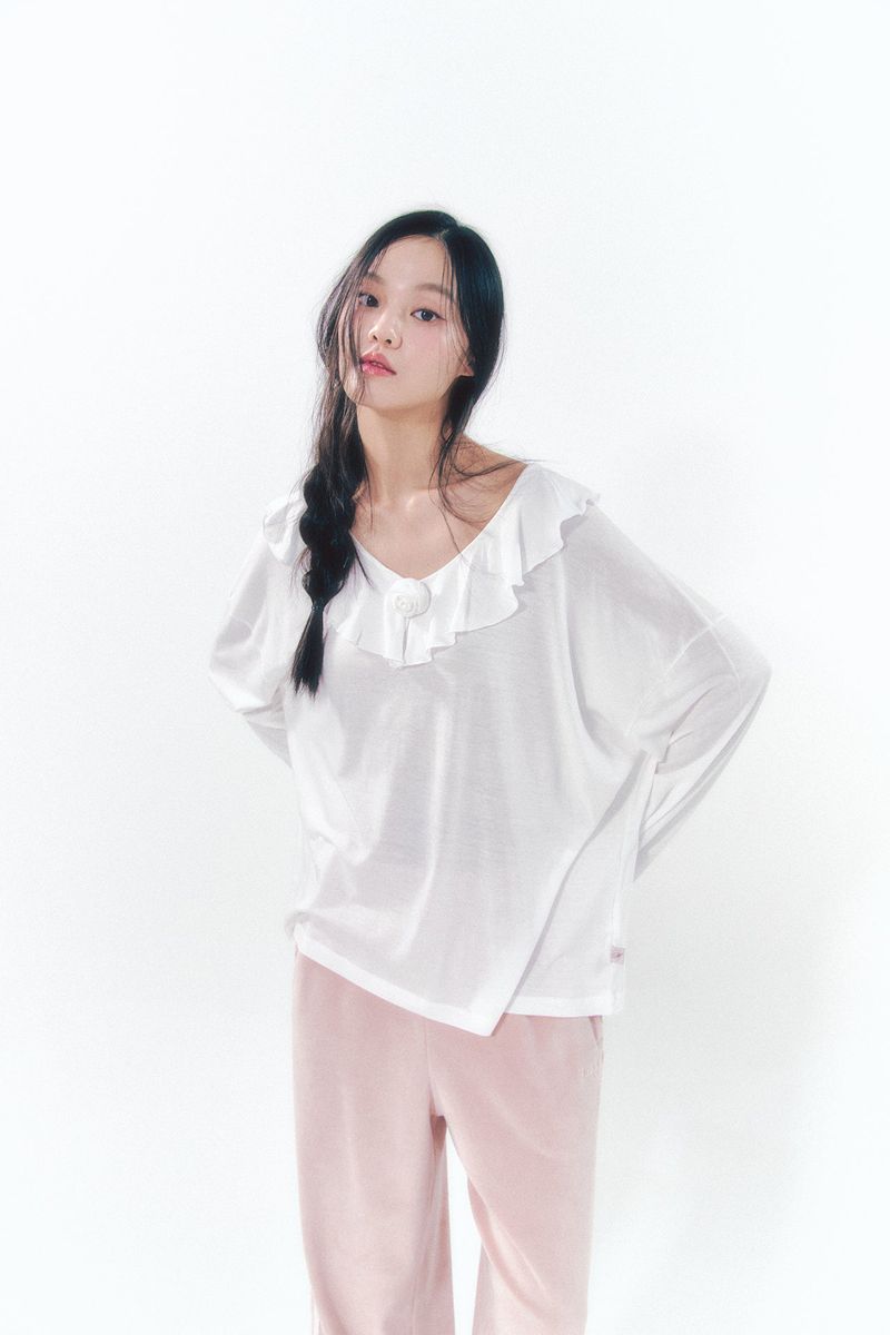 Rose Brooch Frill Long Sleeve White