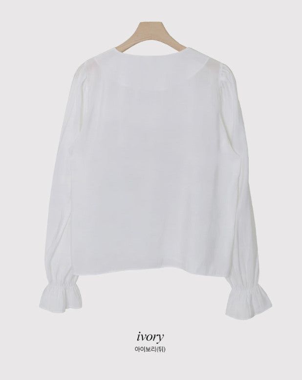 Silky Square Ribbon Frill Blouse (3color)