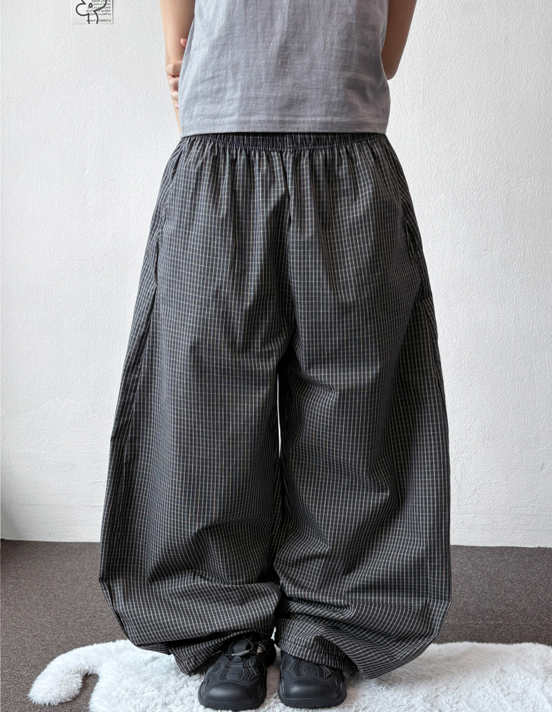Fluffy Check Elastic Waist Balloon Pants 2Color