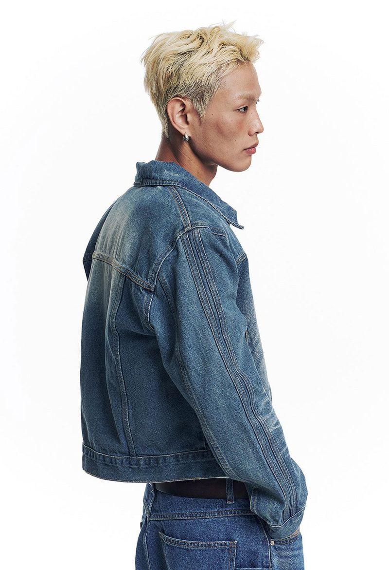 Washed Crop Track Denim Jacket - Deep Blue