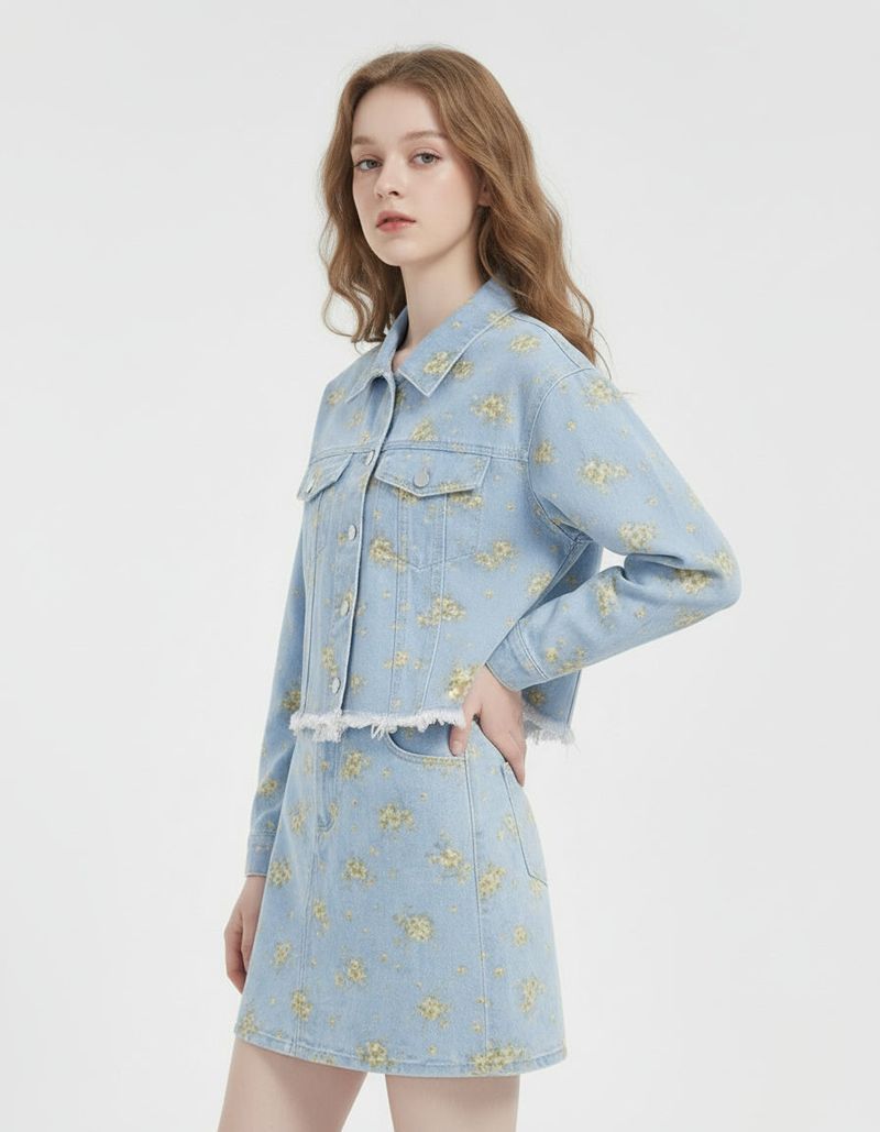 Canola Bloom Flower Denim Jacket Light Blue