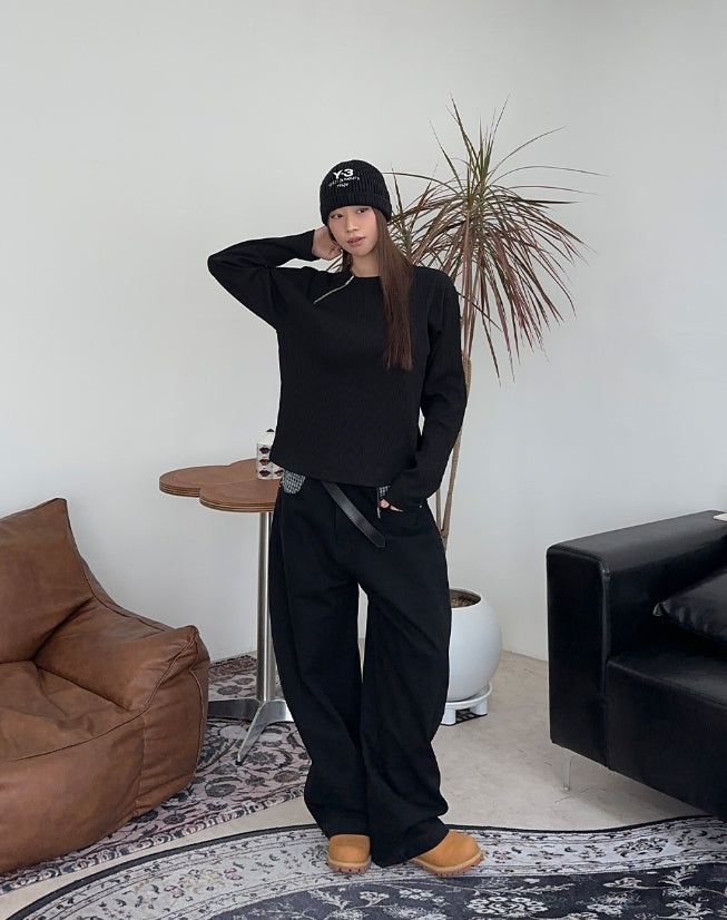 Renid Waffle Zipper Long Sleeve Tee