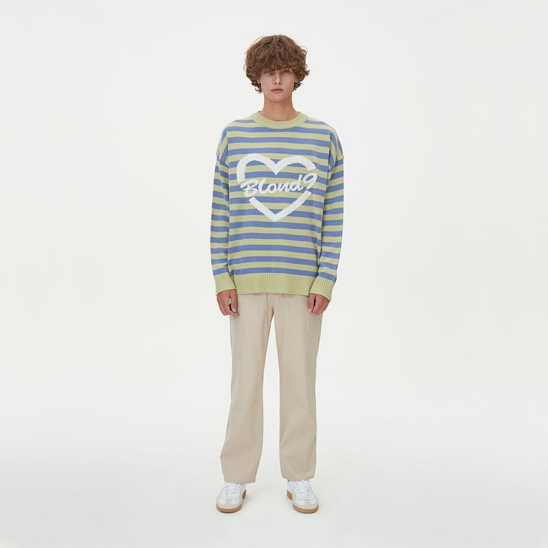 STRIPE HEART ROUND NECK KNIT_GREEN