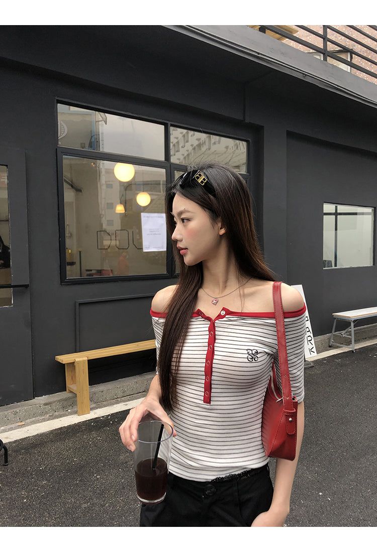 Red Line Stripe Off-Shoulder Top
