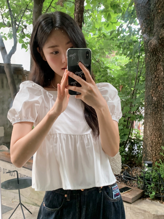 Square Puff Ribbon Short Sleeve Blouse (2color)