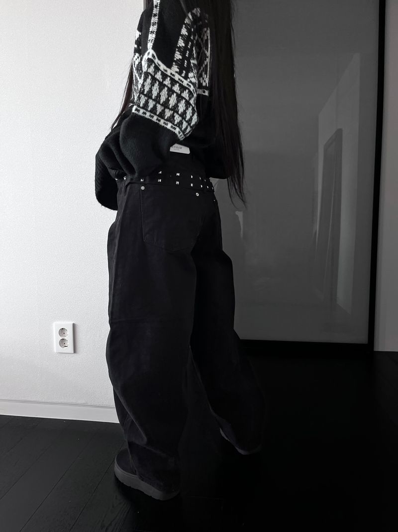 stud edge wide denim (fleece-lined / 2color)