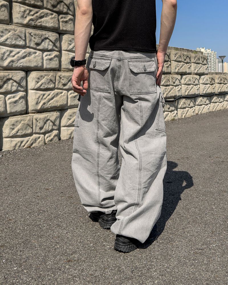 Bion Gray Wash Cargo Denim Pants