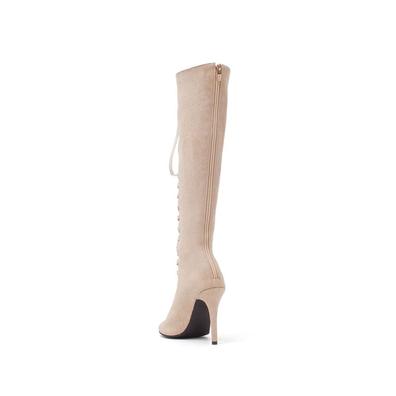 Suede Lace-Up Open Toe Boots Heel(Beige)