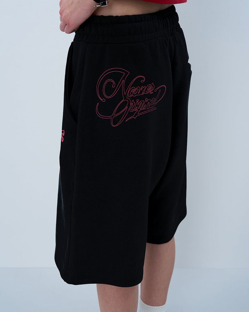 PINK RIBBON LOGO HALF PANTS-BLACK
