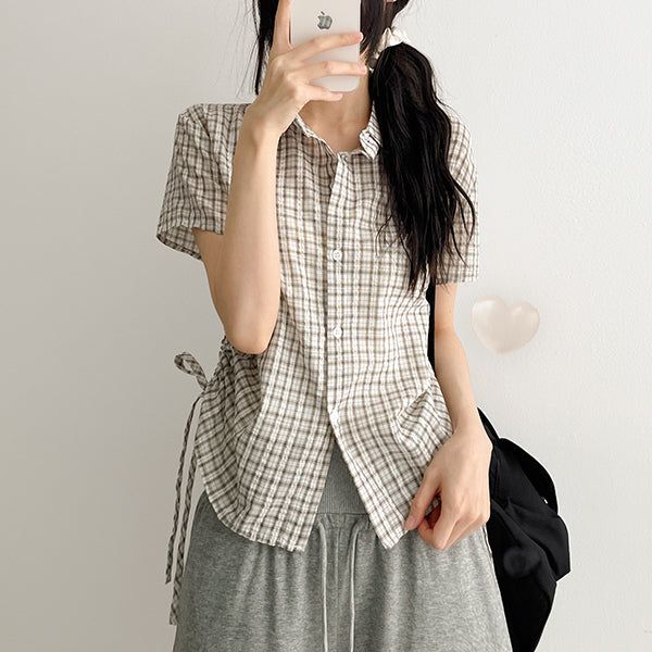 Hbit Sleeve Roll-Up Side Line Shirring Check Short Sleeve Blouse (3 colors)