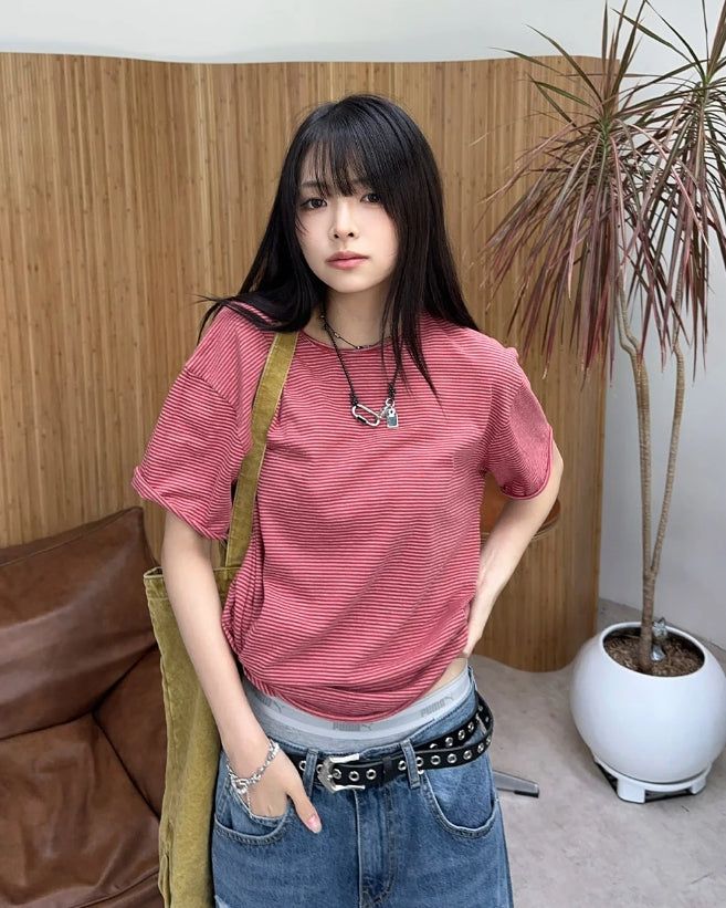 SATIIIZ（サティーズ）の「Ferrer Rolling Stripe Short Sleeve Tee（Tops）」