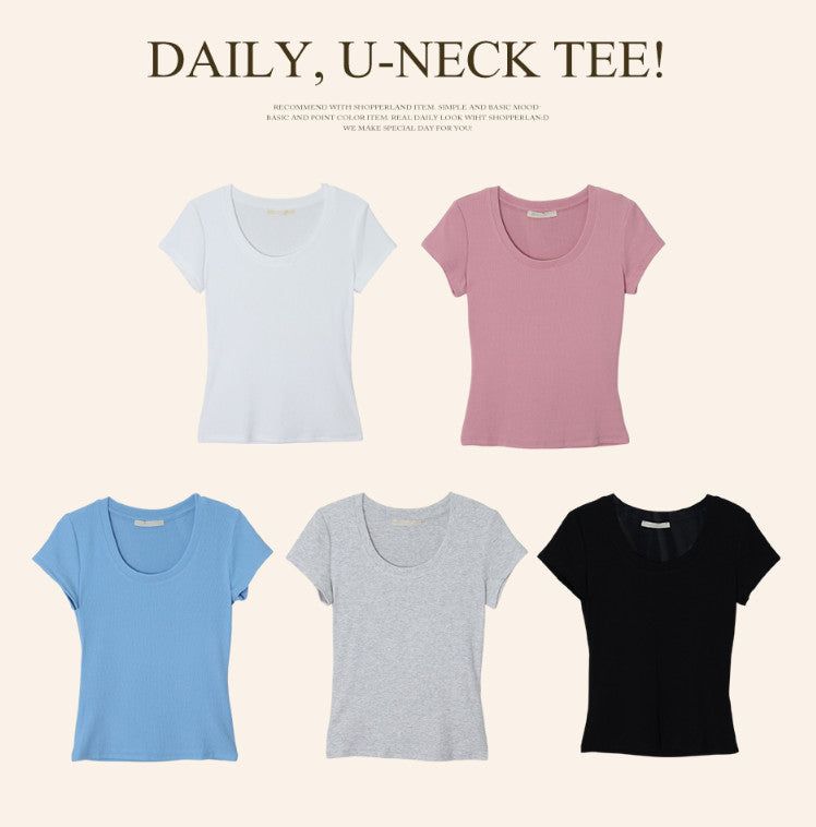Basic Slim Rib U-neck Short Sleeve T-shirt (5color)