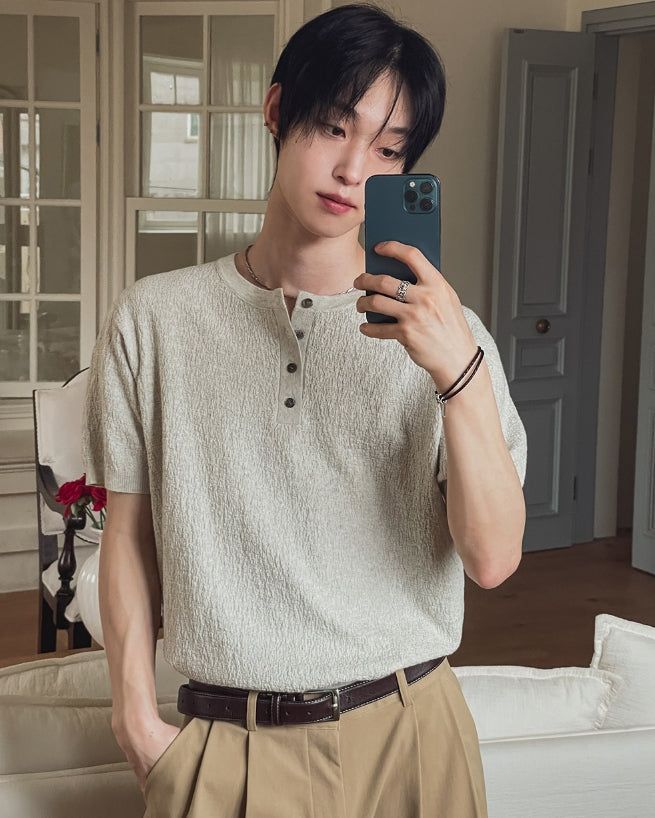 Icy Henley Neck Short Sleeve Knit