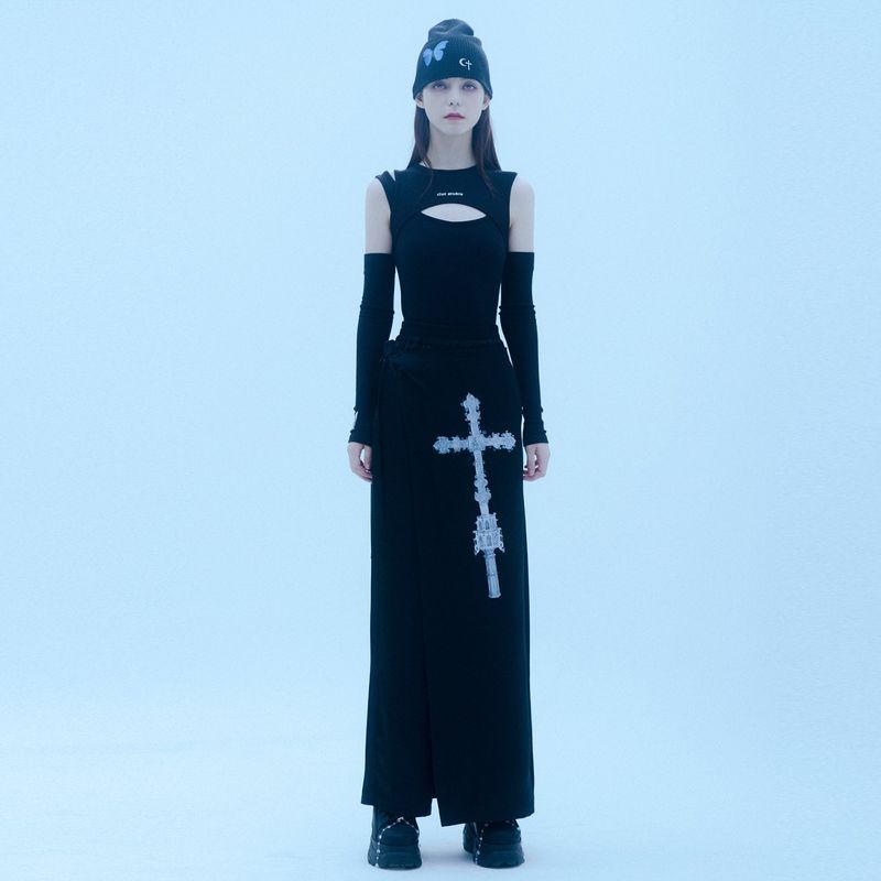 1 0 cross wrap skirt pants - BLACK
