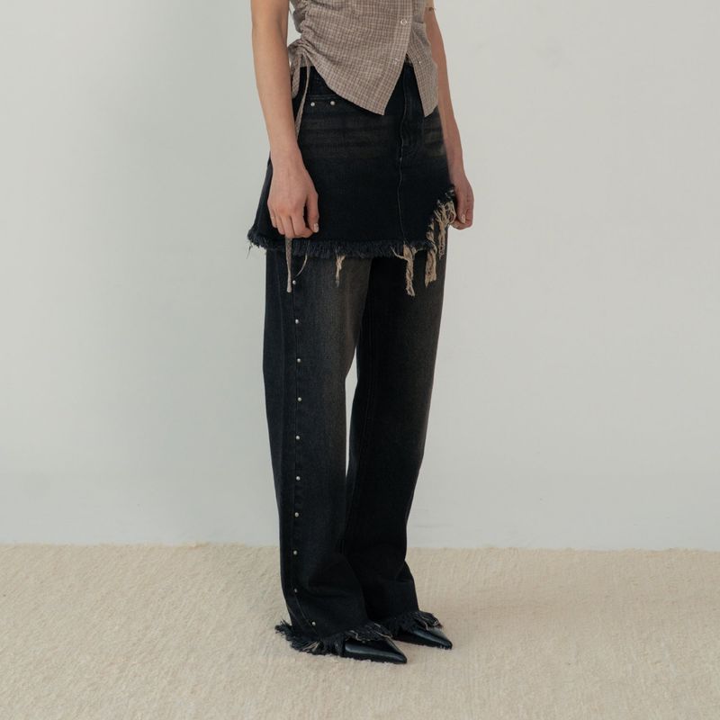 STUD DENIM SKIRT LAYERED PANTS (BLACK)