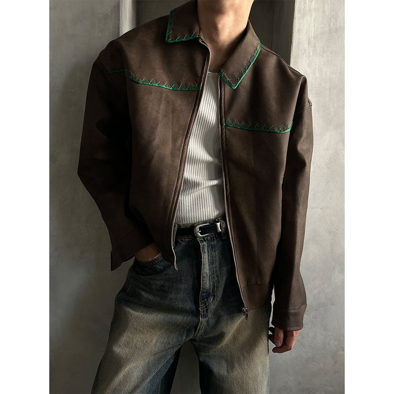  [PREMIUM][HANDMADE] Stitch western leather blouson(2color)