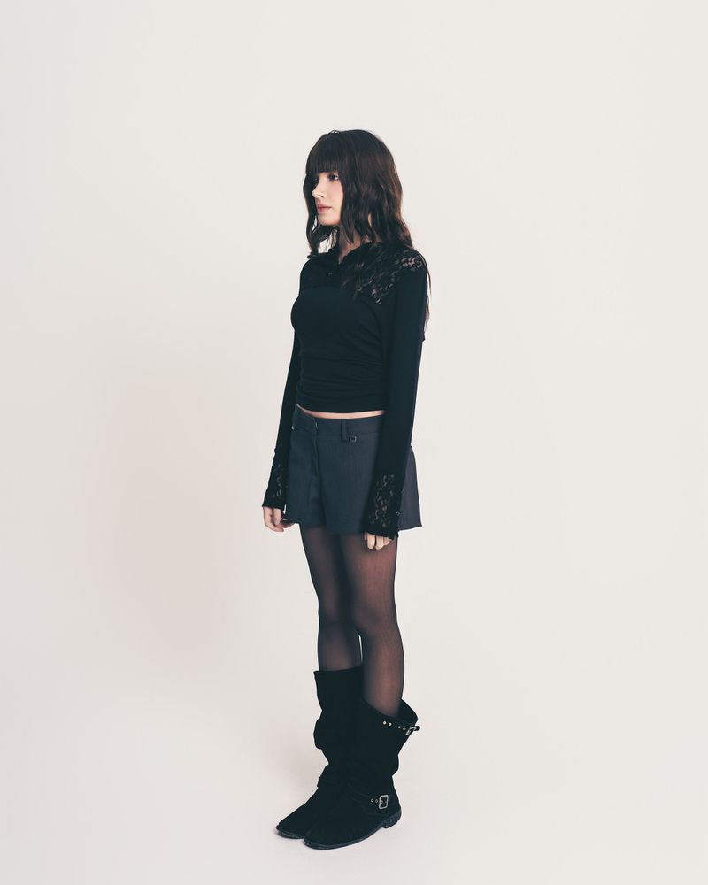 button lace hoodie top long ver. / black