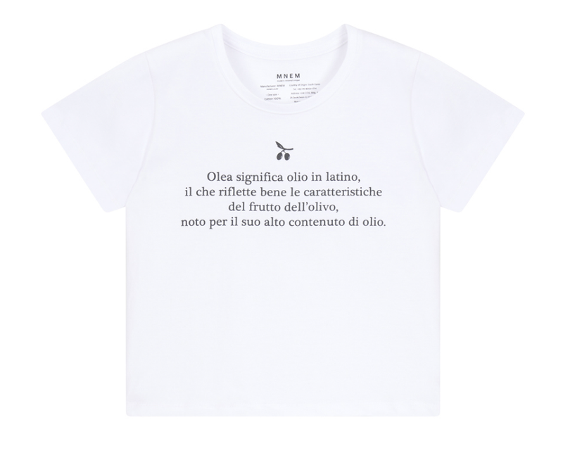 [mnem] olive print cropped t-shirt (white)
