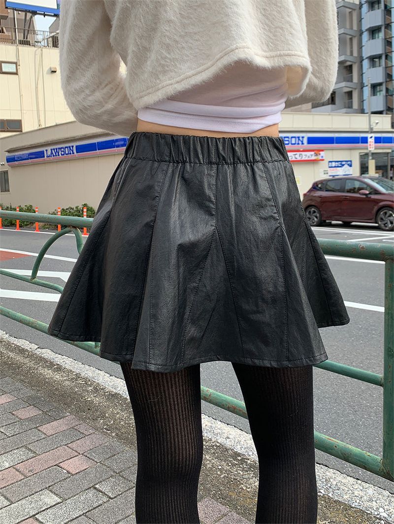 RIBBON FLARE LEATHER MINI SKIRT (2C)