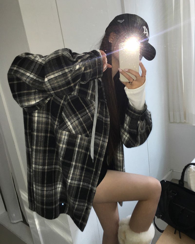 [ORIGINAL] Plain Hooded Check Shirt