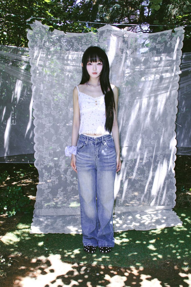 LACE VINTAGE WASHED BOOTCUT DENIM PANTS