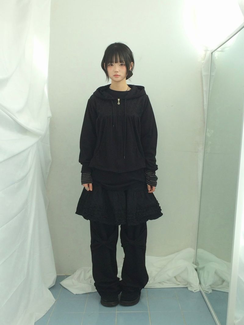 Flower Lace Half-Shirring Hooded Zip-Up