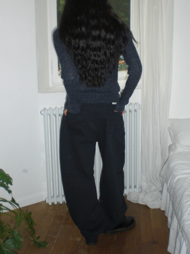 Curved wide cotton pants [Dark navy]