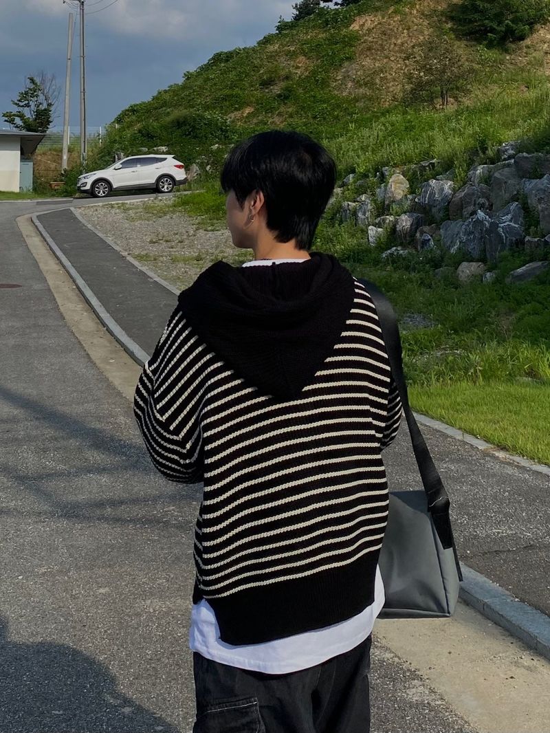 Stripe knit hooded zip up 3C
