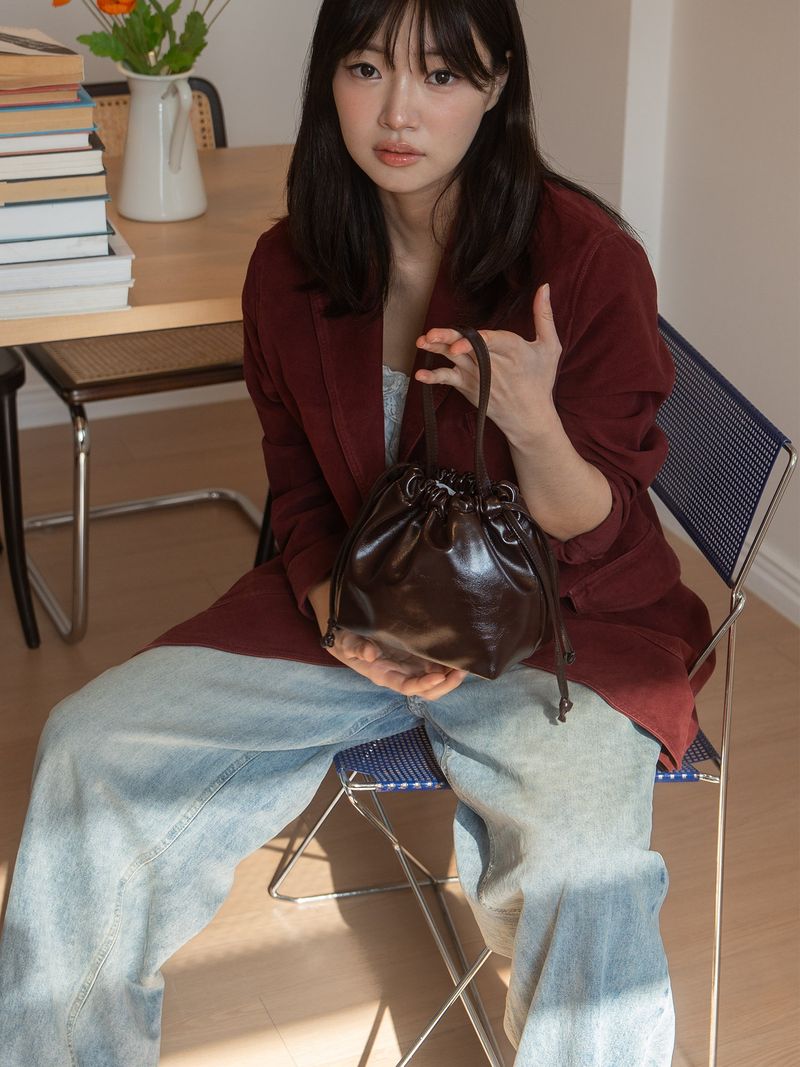 Leather Dumpling Bucket Bag - Brown