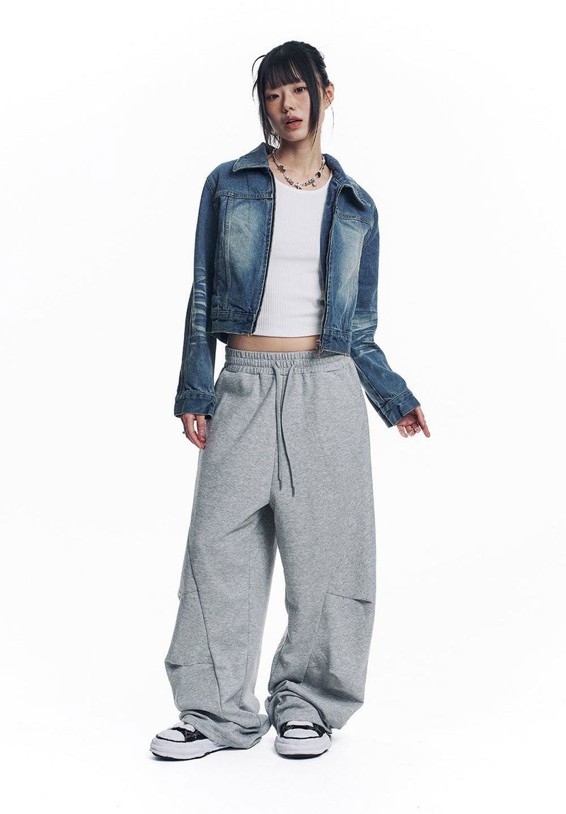 Washed Crop Track Denim Jacket - Deep Blue