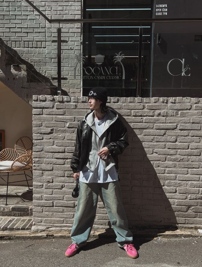 Metel non-collar leather jacket