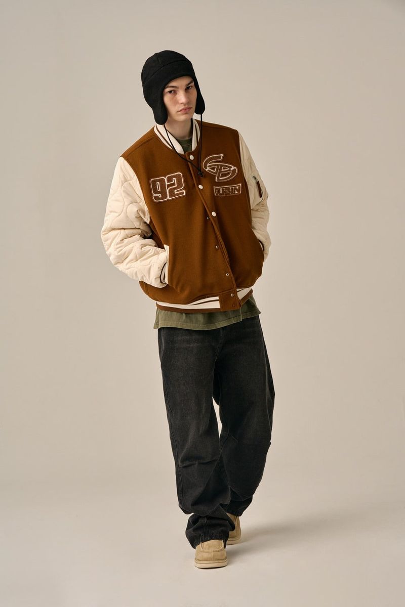 QUILTING POINT VARSITY JACKET - BROWN