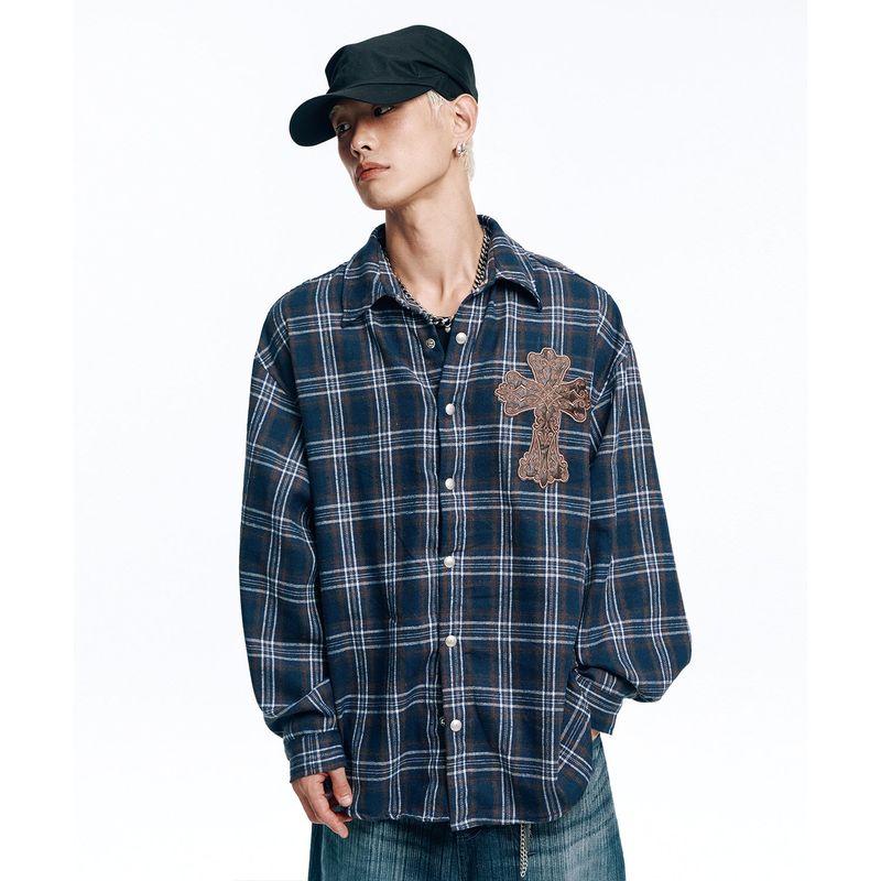 EASY NO EASY（イージーノーイージー）の「Oversized Patch Check Shirt - Navy（Tops）」