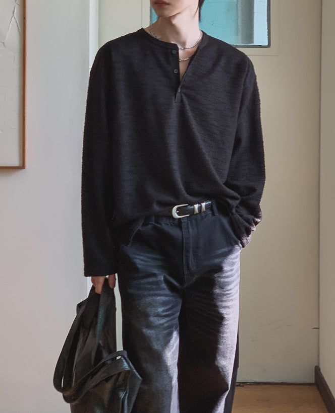 Bebro Tweed Henley Neck Long Sleeve Tee