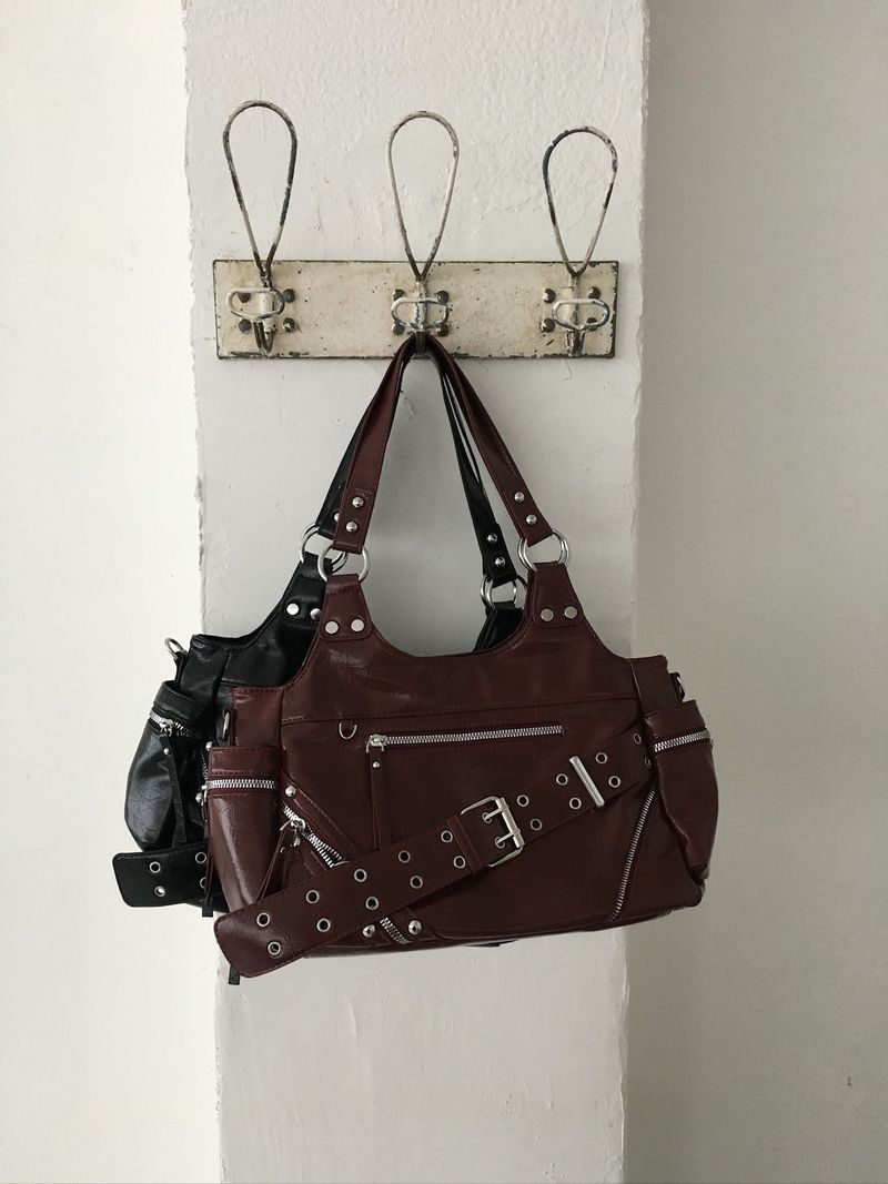 Belt Stud Accent Leather Crossbody Shoulder Bag