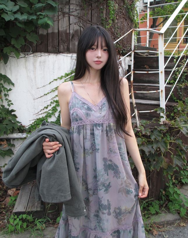 Misty Mauve Flower Chiffon Long One Piece