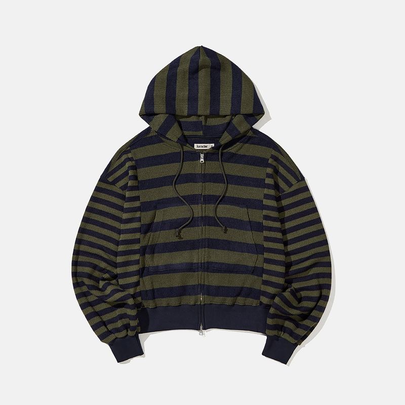karactor（カラクター）の「Striped knit hooded zip up / Khaki blue（Tops）」