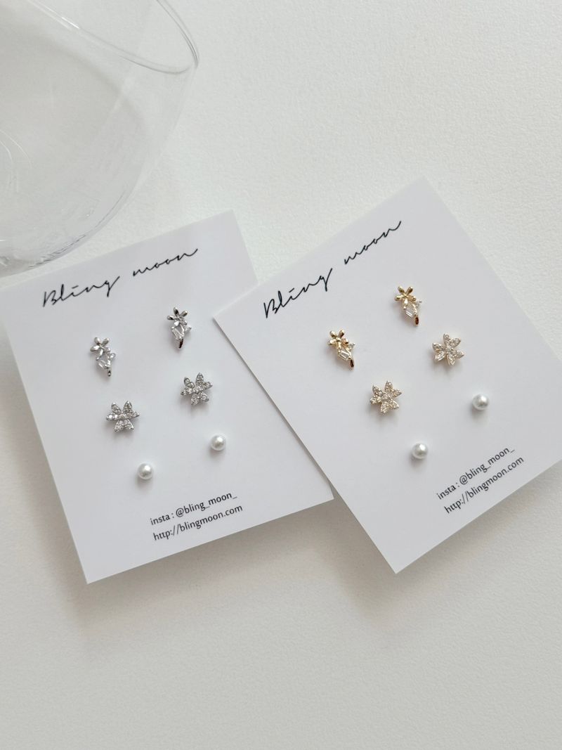 [3 set] spring flower earring set / 2 color / cubic pearl spring simple daily mini 