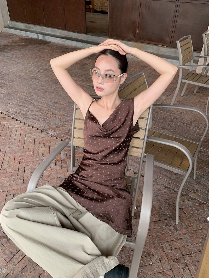 silk dot unbalanced sleeveless blouse top