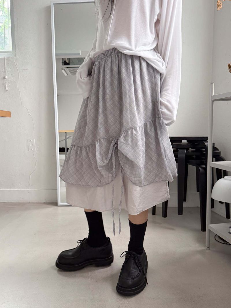 CHECK SHIRRING LAYERED SKIRT
