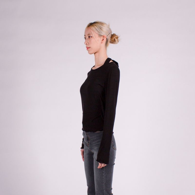 WAVE EDGE ROUND NECK BASIC TENCEL TOP / BLACK